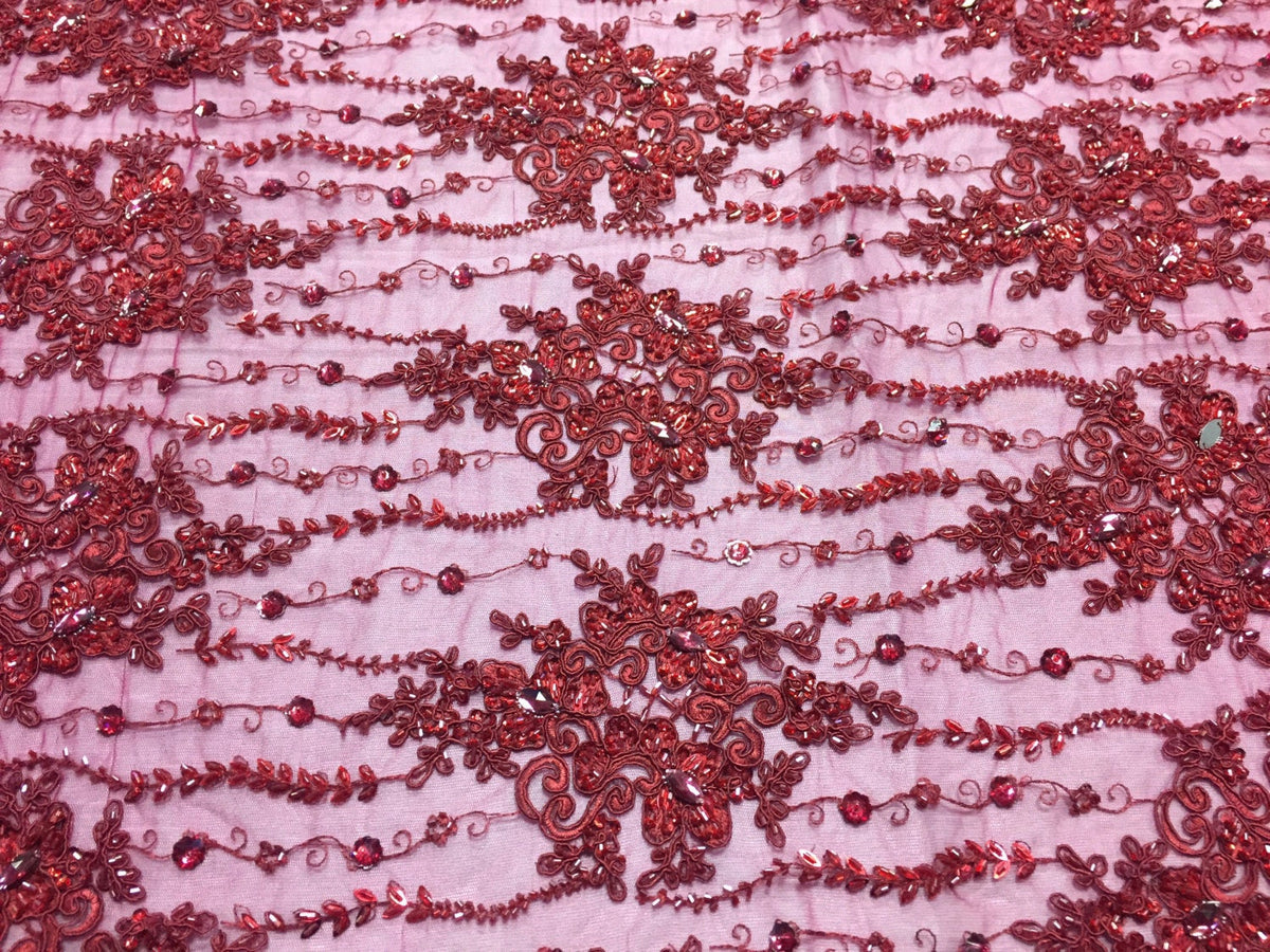 Burgundy Vine Design Embroider and heavy beading on a mesh lace-sold by the yard. main image 0