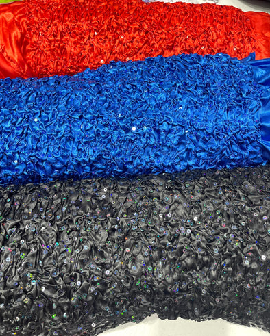 Pleated Stretch Satin Ruffle lace Trim With Hologram Sequin/24" Wide/Sold By The Yard.