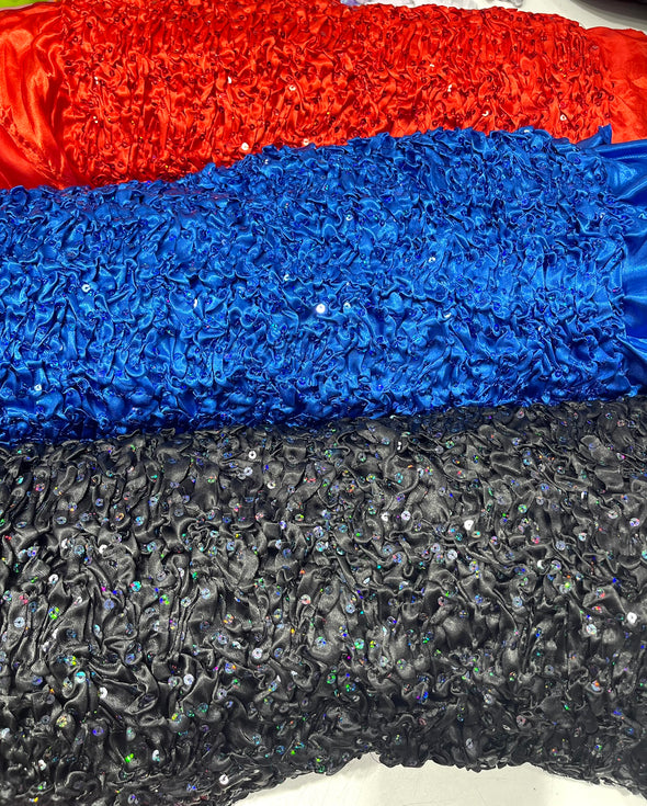 Pleated Stretch Satin Ruffle lace Trim With Hologram Sequin/24" Wide/Sold By The Yard.