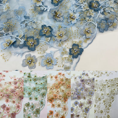 Multi Color 3D Floral Design Embroider with Pearls in a Mesh Lace -Sold by the yard.