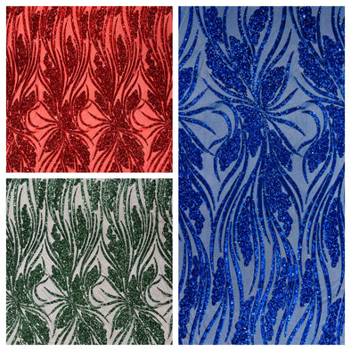 Feather damask shiny sequin design on a 4 way stretch mesh Fabric-prom-Sold by the yard