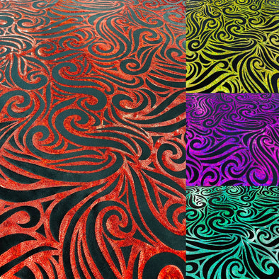 Holographic Foil Tribal Flame Design On A Stretch Velvet Fabric. By The Yard