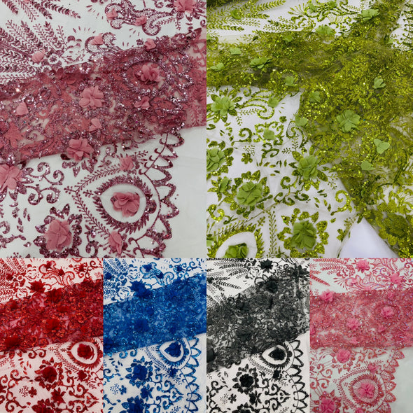 Floral 3D Palm Damask with glitter in a Mesh Lace- Sold by the yard.