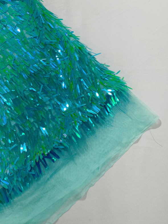 Aqua-Mint Green Iridescent Sword Sequins Fabric/Big Sequins Fabric On Mint Mesh/54 Inches Wide.