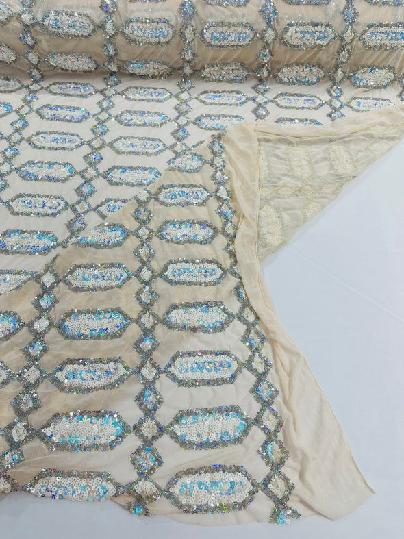 Aqua Silver Multi Color Iridescent Jewel Sequin Design On a 4 Way Stretch Mesh Fabric - Sold By The Yard