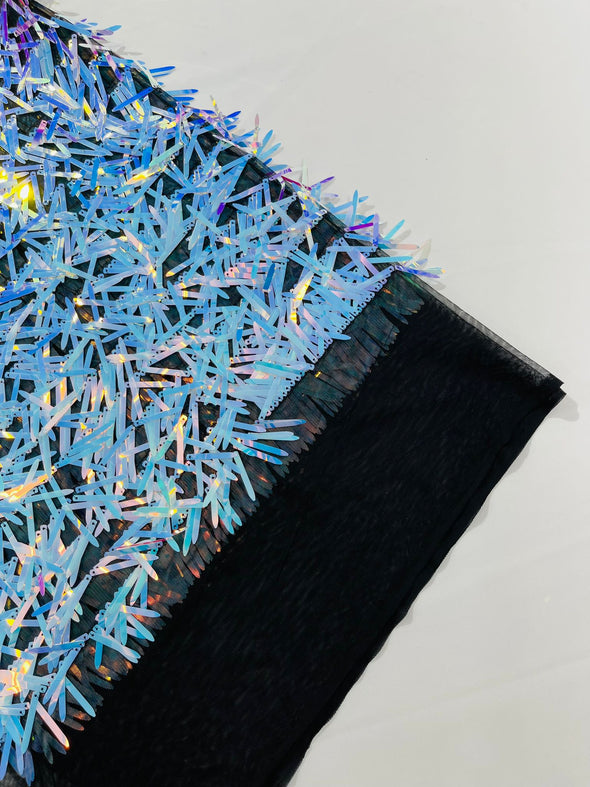 Aqua Blue-Pink Iridescent Sword Sequins Fabric/Big Sequins Fabric On Black Mesh/54 Inches Wide.