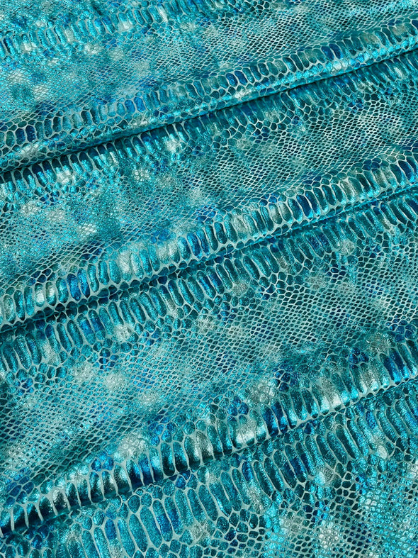 Aqua Blue Illusion foil Snake design on a stretch velvet fabric- Sold by the yard