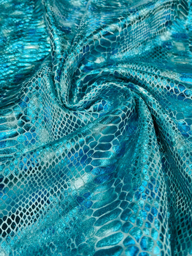 Aqua Blue Illusion foil Snake design on a stretch velvet fabric- Sold by the yard