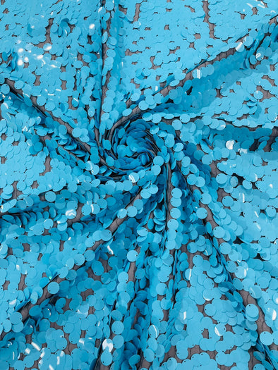 Aqua Blue Round Sequin Paillette On Black  Mesh Fabric/ 54 Inches Wide/Cosplays Fabric/Prom/Backdrops.