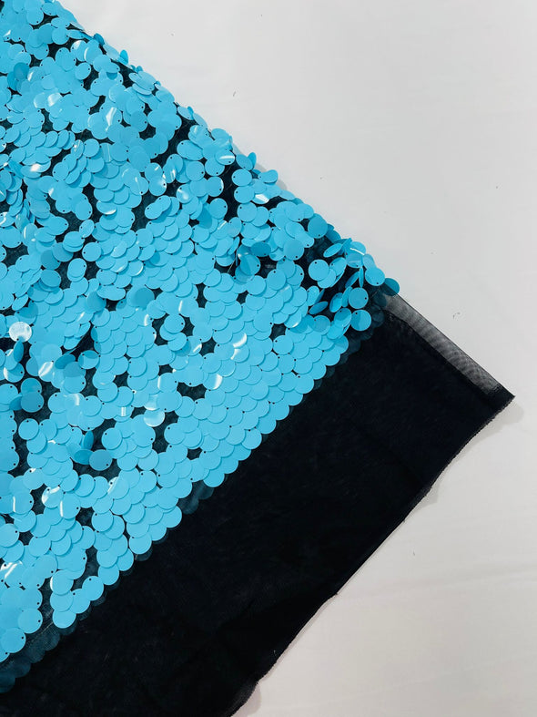 Aqua Blue Round Sequin Paillette On Black  Mesh Fabric/ 54 Inches Wide/Cosplays Fabric/Prom/Backdrops.