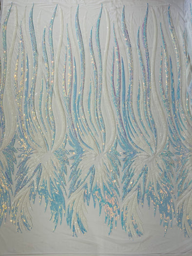 Aqua Blue Iridescent Sequin Wings design on a White 4 way stretch mesh fabric- prom-nightgown-By the yard