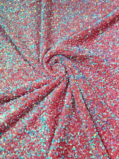 Aqua Iridescent Pink 54" Stretch Velvet with Luxury Sequins All Over 5mm Shining Sequins 2-Way Stretch. Sold by the yard.