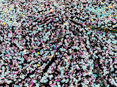 Aqua Pink  Iridescent-Black 54" Stretch Velvet with Luxury Sequins All Over 5mm Shining Sequins 2-Way Stretch. Sold by the yard.