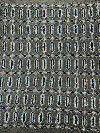 Aqua Silver On Black Multi Color Iridescent Jewel Sequin Design On a 4 Way Stretch Mesh Fabric - Sold By The Yard