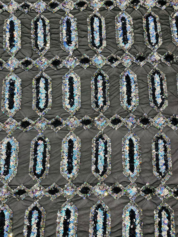 Aqua Silver On Black Multi Color Iridescent Jewel Sequin Design On a 4 Way Stretch Mesh Fabric - Sold By The Yard