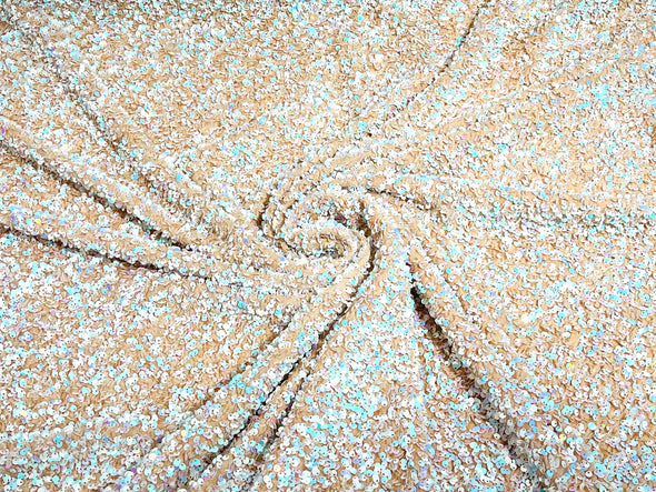 Aqua White Iridescent-Nude 54" Stretch Velvet with Luxury Sequins All Over 5mm Shining Sequins 2-Way Stretch. Sold by the yard.