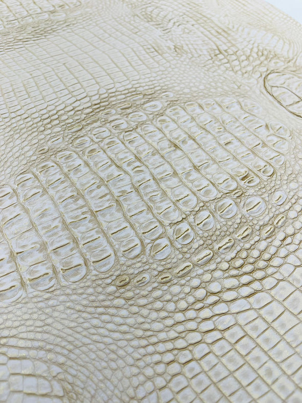 Beige Gold Two Tone Metallic Gator Fake Leather Upholstery, 3-D Crocodile Skin Texture Faux Leather PVC Vinyl/54" Wide