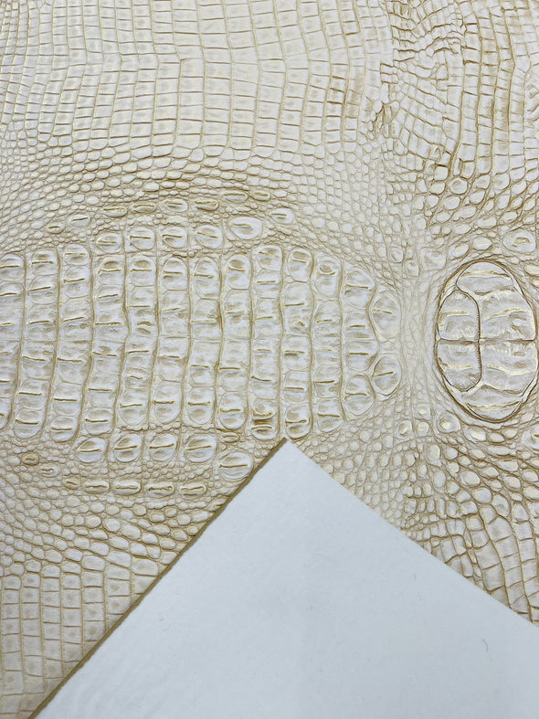 Beige Gold Two Tone Metallic Gator Fake Leather Upholstery, 3-D Crocodile Skin Texture Faux Leather PVC Vinyl/54" Wide