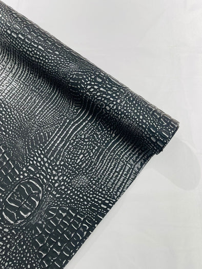 Black Silver Two Tone Metallic Gator Fake Leather Upholstery, 3-D Crocodile Skin Texture Faux Leather PVC Vinyl/54" Wide
