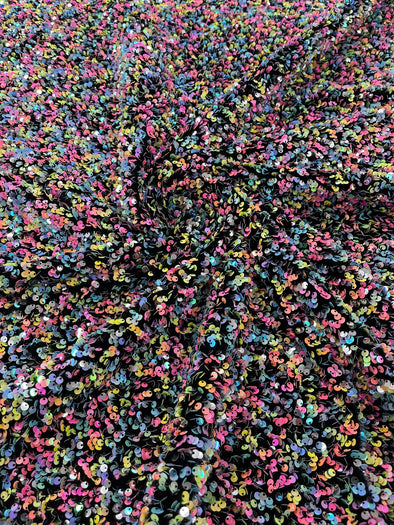 Multi color Confetti all over shiny sequins on black stretch velvet , Sold by the yard