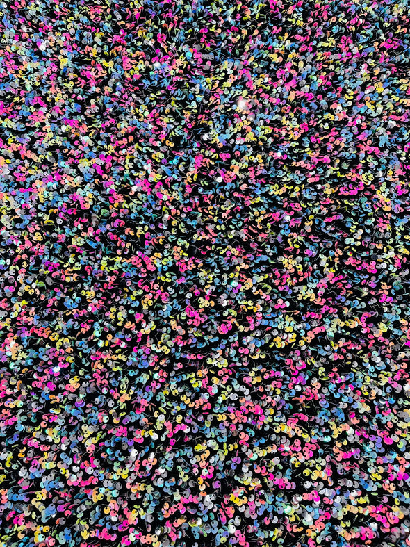 Multi color Confetti all over shiny sequins on black stretch velvet , Sold by the yard