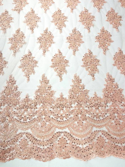 Blush Pink Erin Diamond Beaded Metallic Floral Embroider On a Mesh Lace Fabric-Sold By The Yard