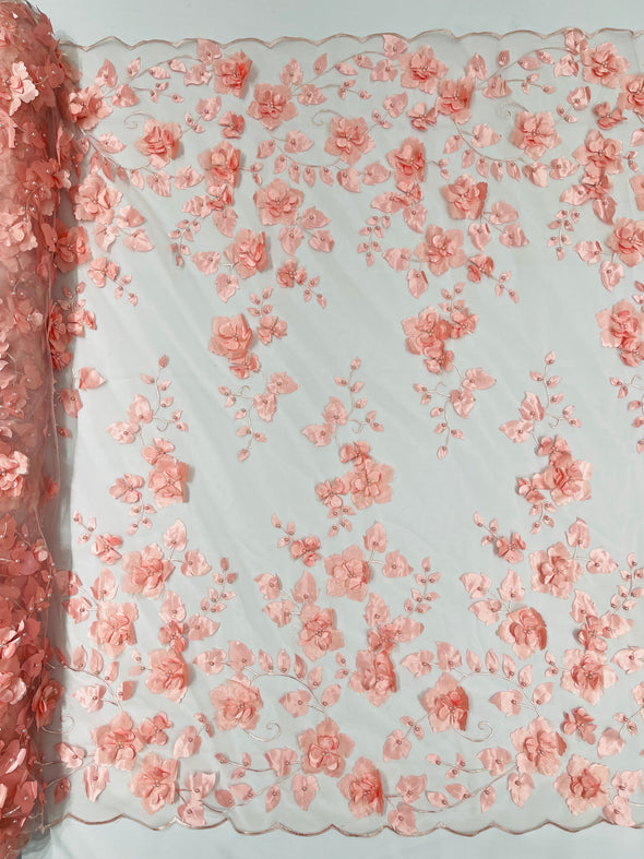 Blush Double Scalloped Orquidia 3D Floral Design Embroider and Beaded With Pearls On a Mesh Lace-Prom-Dresses-Apparel-Fashion SoldByYard