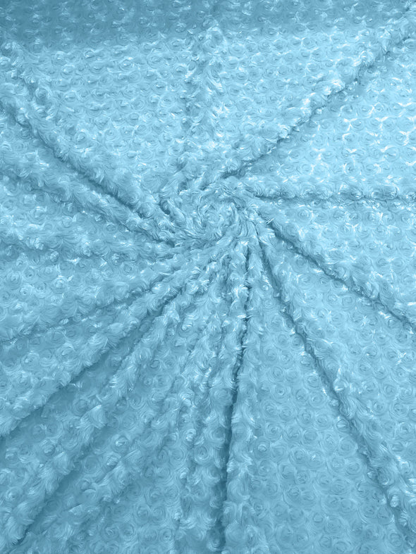 Baby Blue 58" Wide Minky Swirl Rose Blossom Ball Rosebud Plush Fur Fabric Polyester-Sold by Yard.