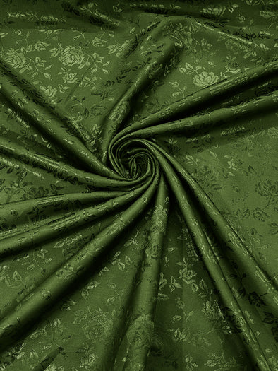 Bamboo Green Polyester Roses/Floral Brocade Jacquard Satin Fabric/ Cosplay Costumes, Table Linen- Sold By The Yard.
