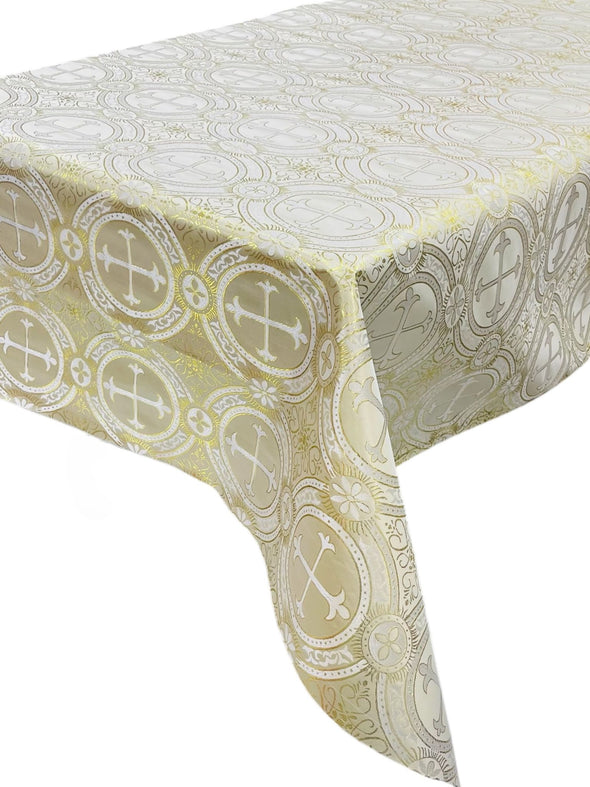 Beige-Gold Rectangular Metallic Cross Brocade Jacquard Satin Table Overlay/Religious Brocade/Liturgical Fabric/Church.