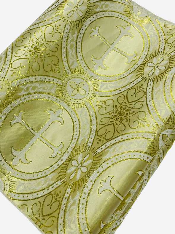 Beige Gold Religious Brocade Runner Tablecloth | Liturgical Fabric | Runner Ecclesiastical Jacquard | Church | Vestment-Cross Brocade.