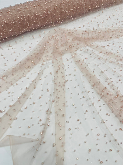 Heavy Scattered Pearls Studded Mesh, 2-Way Stretch, Sold By The Yard.