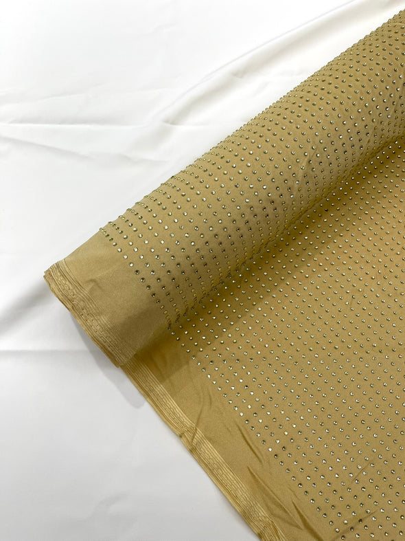 Beige Rhinestone 4 Way Nylon Spandex Fabric By The Yard.