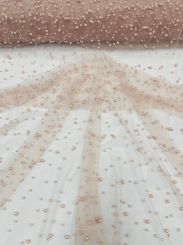 Heavy Scattered Pearls Studded Mesh, 2-Way Stretch, Sold By The Yard.