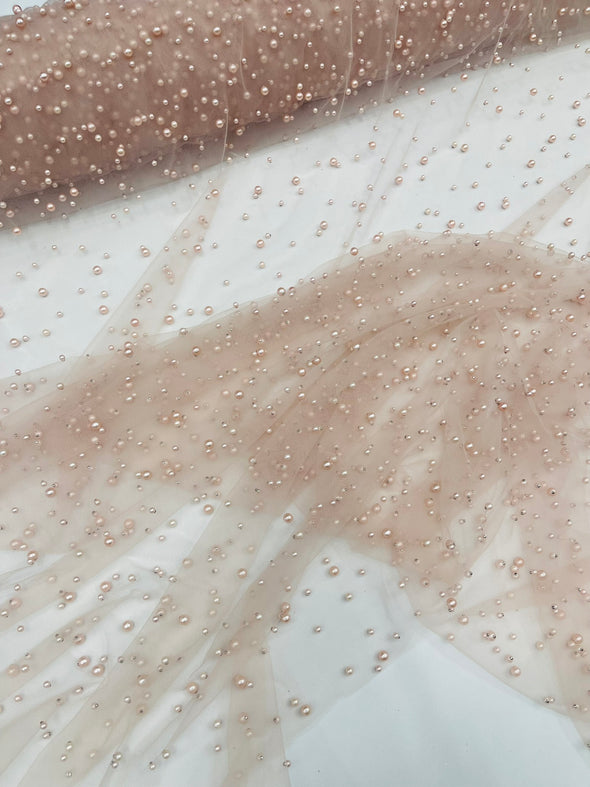 Heavy Scattered Pearls Studded Mesh, 2-Way Stretch, Sold By The Yard.