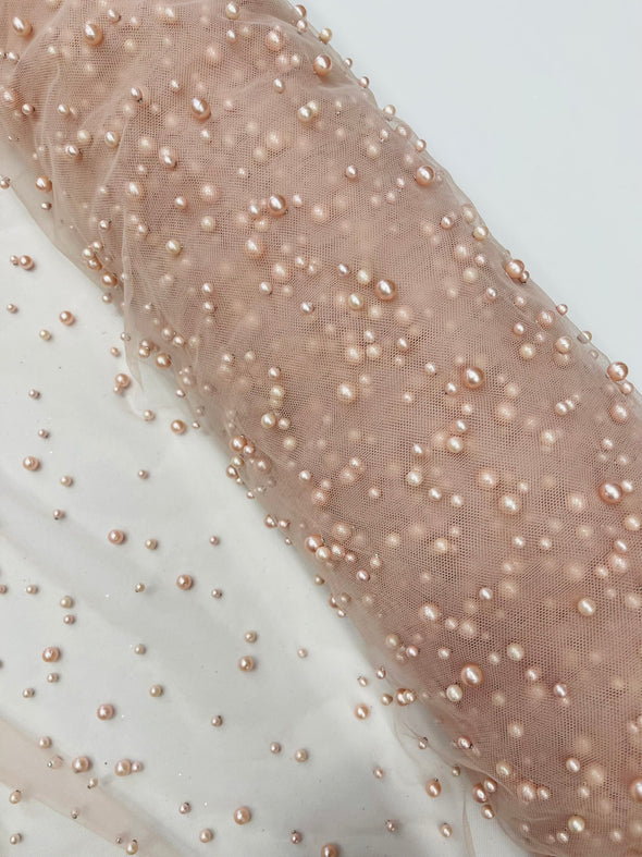 Heavy Scattered Pearls Studded Mesh, 2-Way Stretch, Sold By The Yard.
