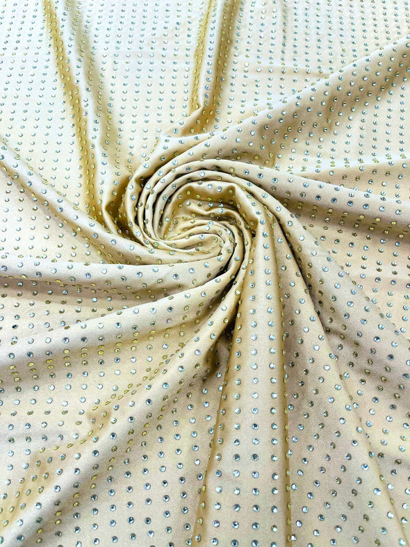 Beige Rhinestone 4 Way Nylon Spandex Fabric By The Yard.