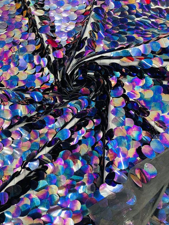 Black-Purple Jumbo Sequins Oval Sequin Paillette/Tear Drop Mermaid Big Sequins Fabric On Black Mesh/ 54 Inches Wide