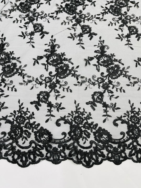 Black Bloom corded lace and embroider with sequins on a mesh -Sold by the yard