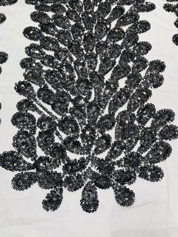 Black New Vegas heavy beaded feather design embroidery on a mesh fabric-Sold by the panel