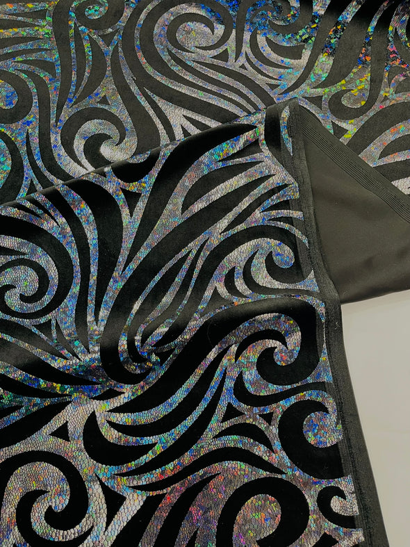 Holographic Foil Tribal Flame Design On A Stretch Velvet Fabric. By The Yard