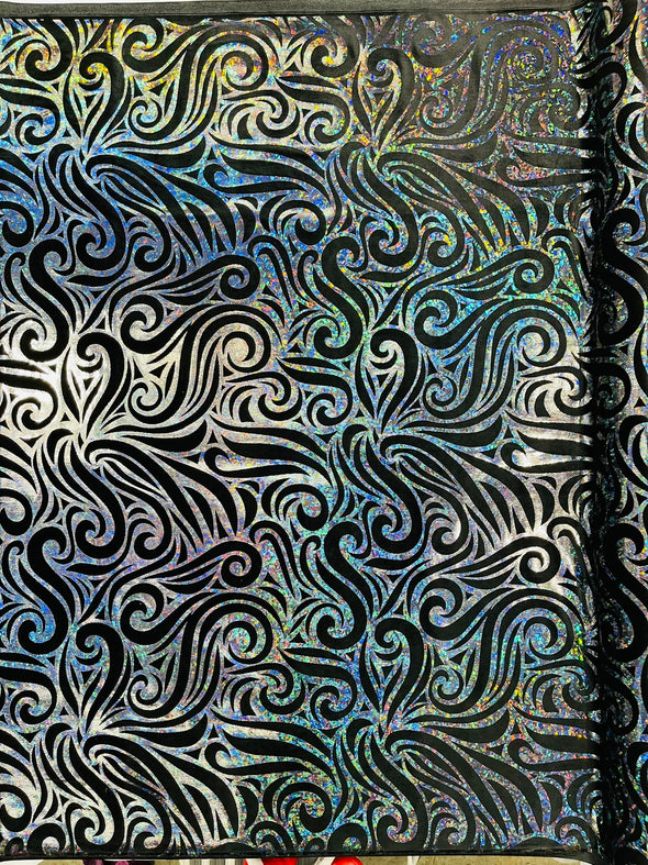 Holographic Foil Tribal Flame Design On A Stretch Velvet Fabric. By The Yard