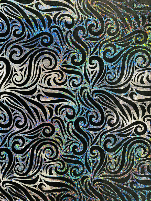 Holographic Foil Tribal Flame Design On A Stretch Velvet Fabric. By The Yard