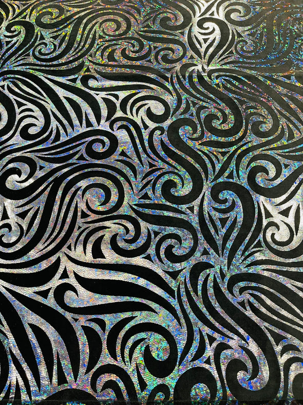 Holographic Foil Tribal Flame Design On A Stretch Velvet Fabric. By The Yard