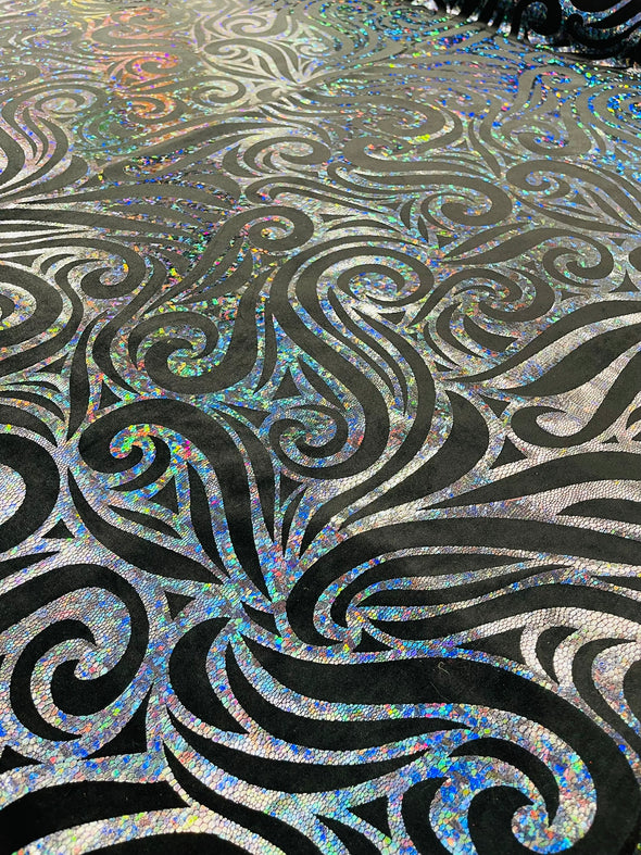 Holographic Foil Tribal Flame Design On A Stretch Velvet Fabric. By The Yard