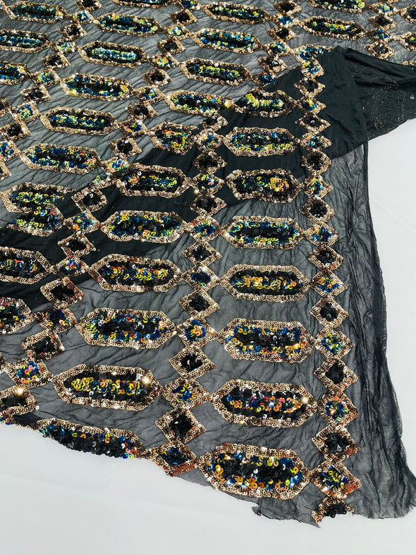 Black Gold On Black Multi Color Iridescent Jewel Sequin Design On a 4 Way Stretch Mesh Fabric - Sold By The Yard