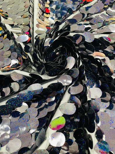 Black Holographic Jumbo Sequins Oval Sequin Paillette/Tear Drop Mermaid Big Sequins Fabric On Black Mesh/ 54 Inches Wide