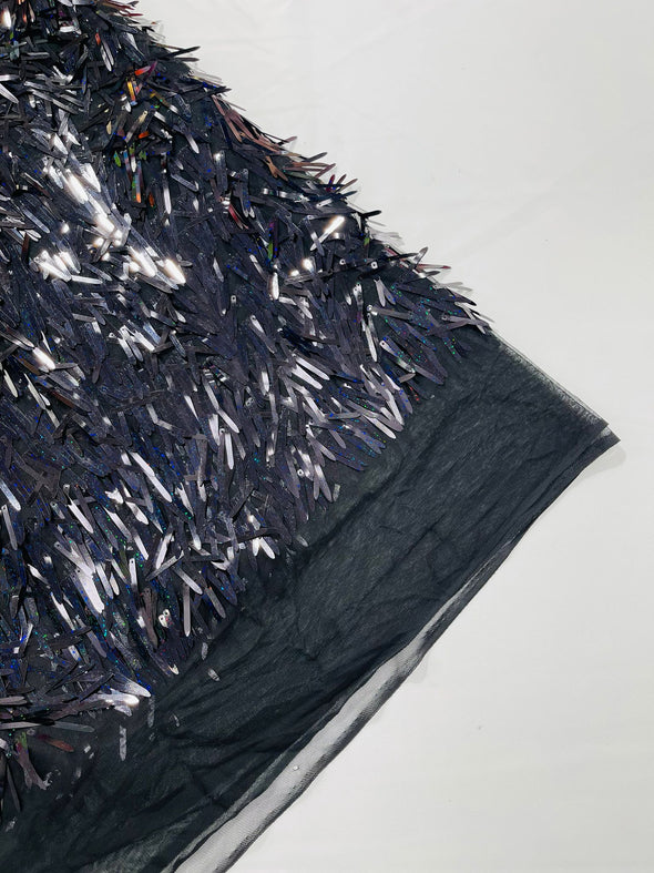 Black Holographic Sword Sequins Fabric/Big Sequins Fabric On Black Mesh/54 Inches Wide.