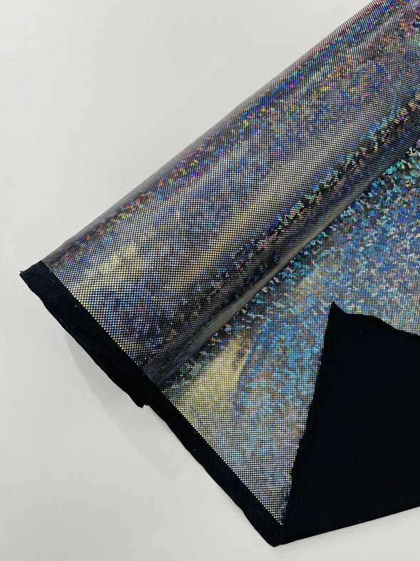 Black Silver Shattered Glass Foil Hologram/58” Wide/4 Way Stretch Spandex Nylon Tricot. Sold by the yard