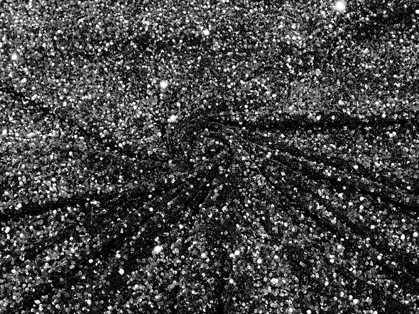 Black 54" Stretch Velvet with Luxury Sequins All Over 5mm Shining Sequins 2-Way Stretch. Sold by the yard.